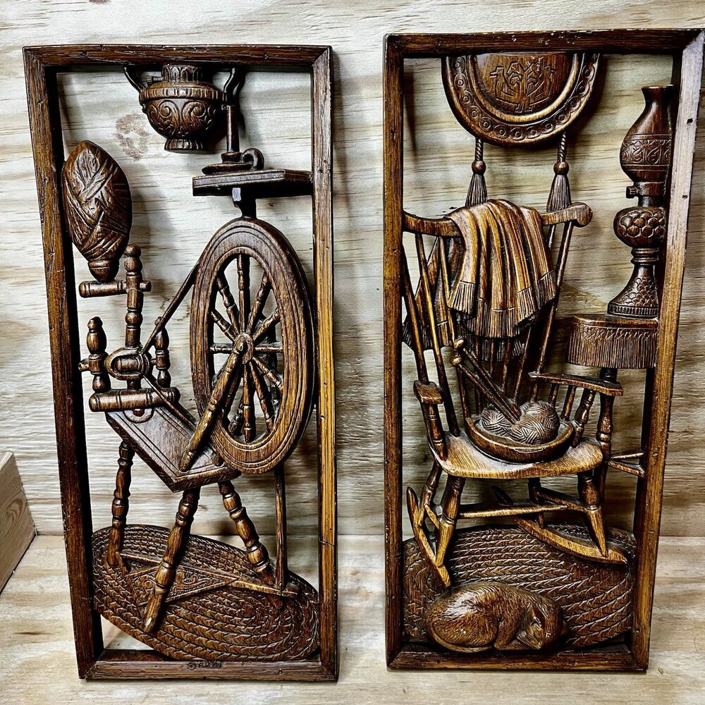 Vtg 70s Burwood Products Co Wall Plaques Spinning Wheel Rocking Chair Cat AS IS
